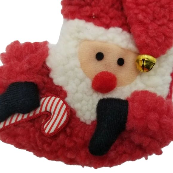 Santa Candy Cane & Jingle Bell Christmas Polyester Stocking Small 6" VTG - Picture 2 of 5